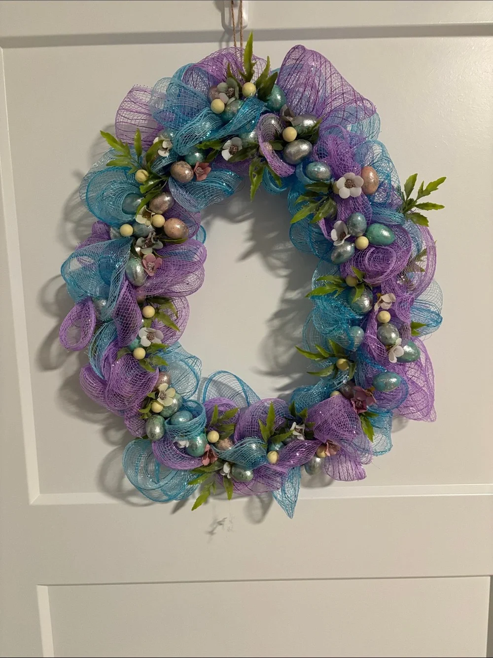 Handmade Spring Mesh Wreath with Blue and Purple Accents